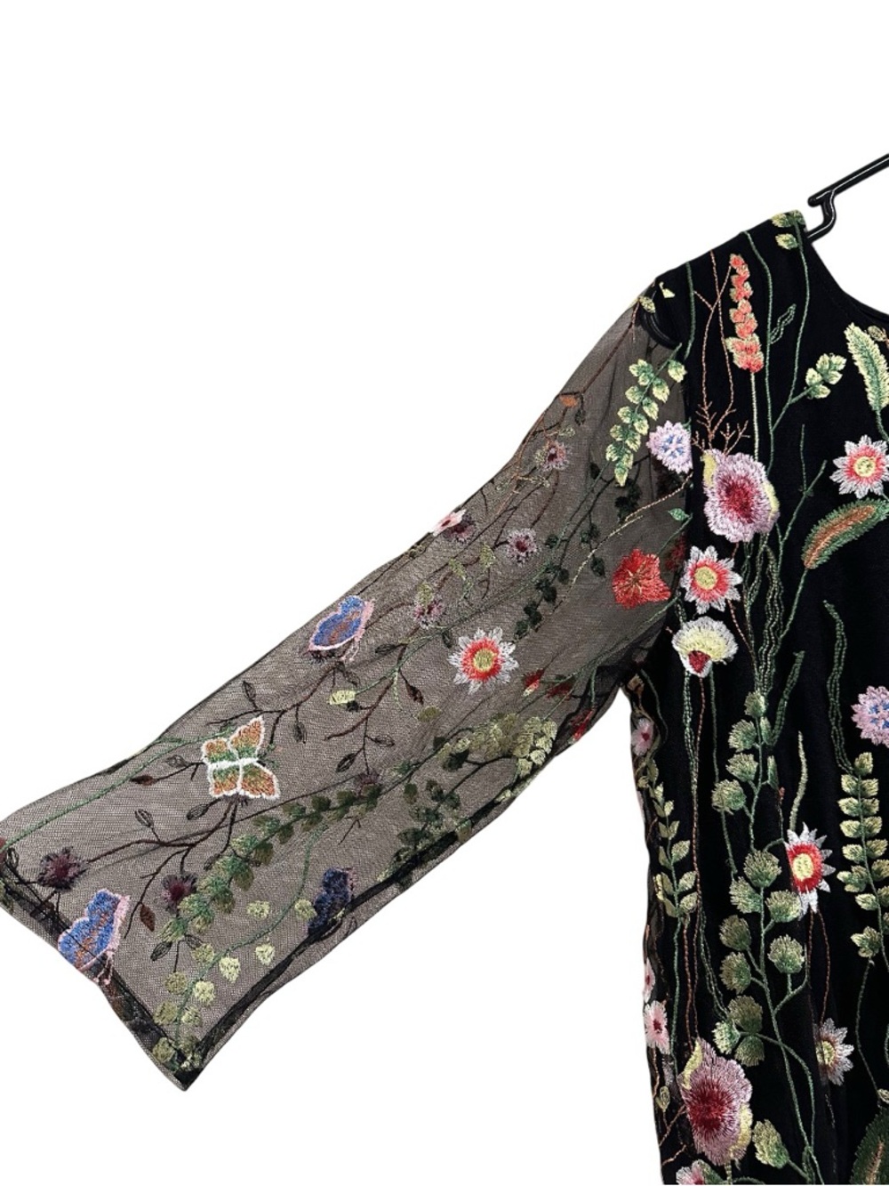 Caroline Rose Garden Walk Embroidered Tunic, sheer 3/4 sleeves black multi-color - Picture 4 of 16